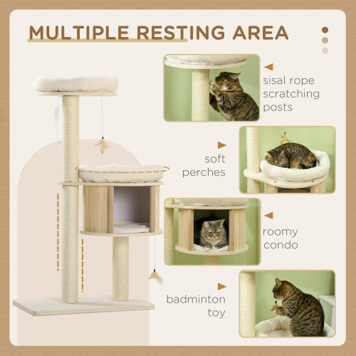 Modern side profile of 3-level wooden cat tree with play features