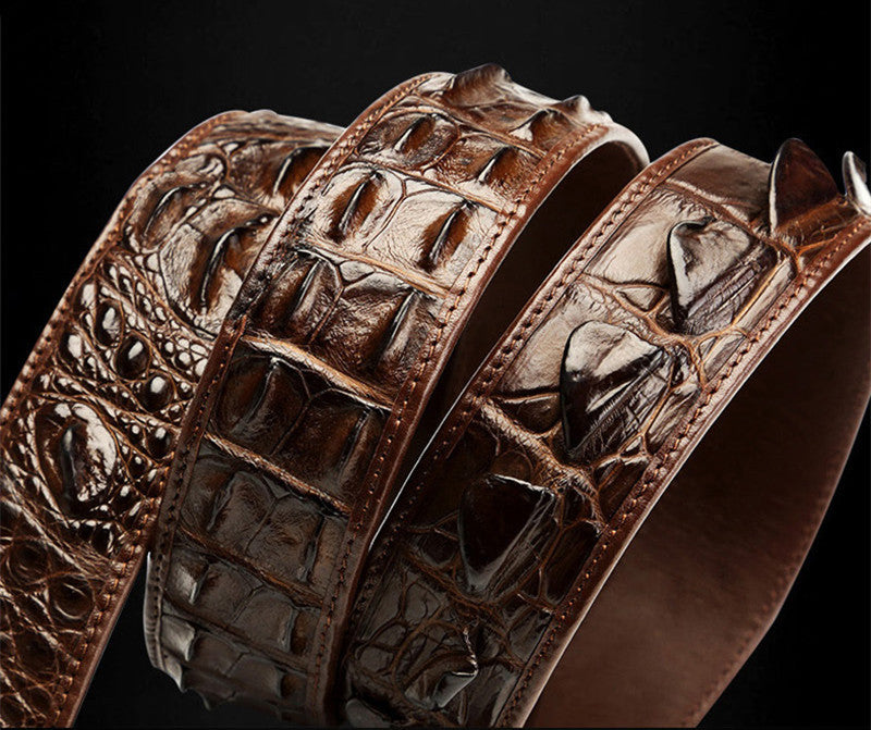 Size chart showcasing length options for men's leather belts, from 100cm to 130cm.