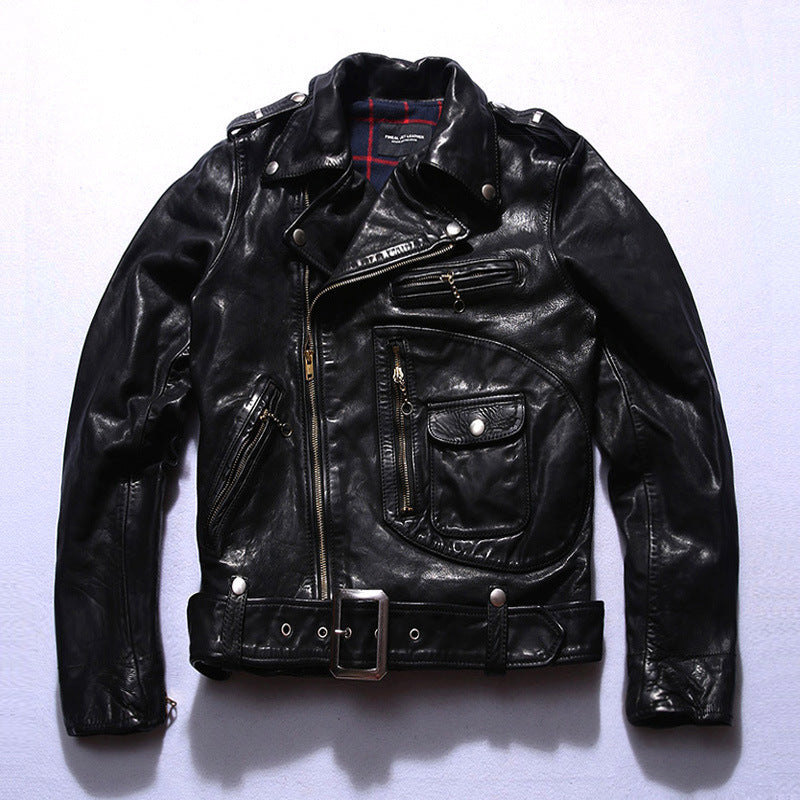 Zoomed-in sleeve detail on minimalist horsehide motorcycle jacket