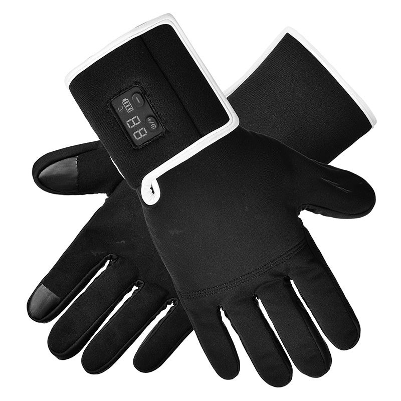 Black heated gloves with touchscreen-compatible fingertips for effortless device operation.