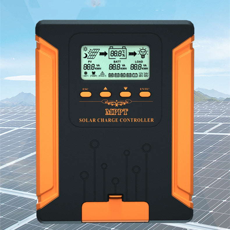 Close-up of the Intelligent Solar Charge Controller connected to a photovoltaic system, ensuring efficient charging and discharging of various battery types.