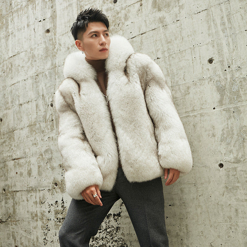 Side profile of a white men's fox fur lapel coat, perfect for formal occasions.