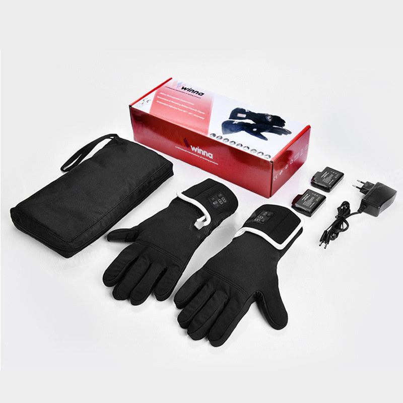 Heated gloves package with charger options for European, American, British, Japanese, Australian, and Chinese plugs.