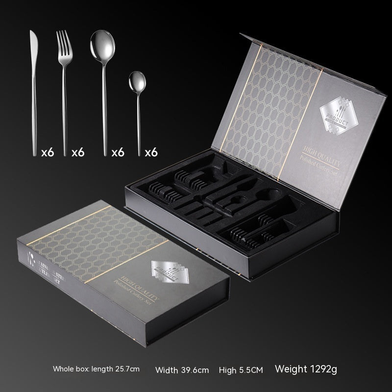 Stylish wooden case packaging for the Portuguese titanium-plated 24-piece tableware set.