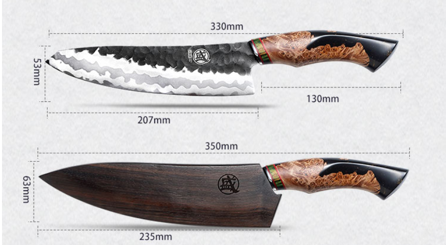 Damascus steel knife alongside its wooden sheath with detailed measurements displayed.