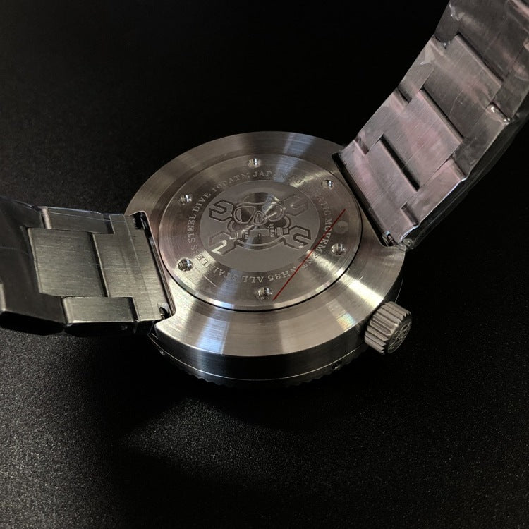 Bottom view of the 1000M waterproof mechanical watch, highlighting the stainless steel case back with a minimalist, no-logo design.