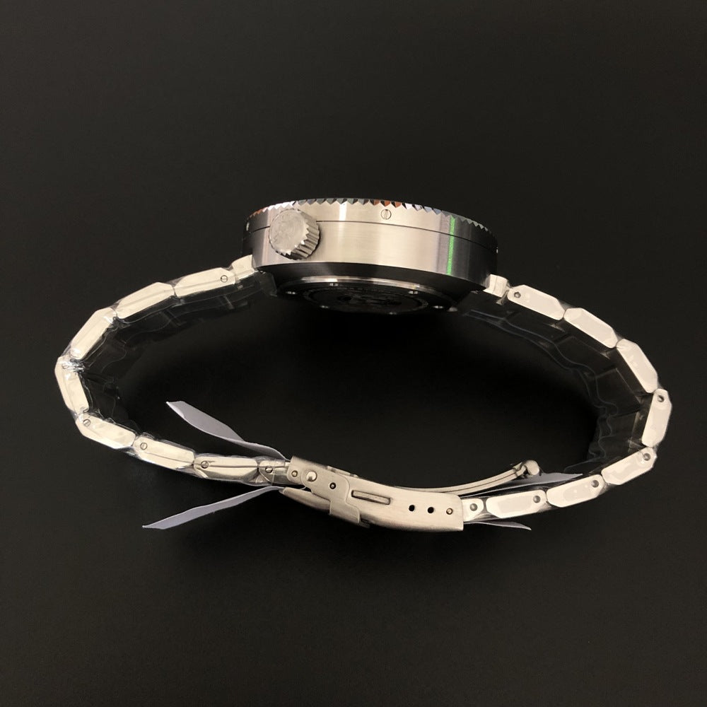 Close-up left side view of the deep diving waterproof mechanical watch, focusing on the stainless steel strap and luminous details.