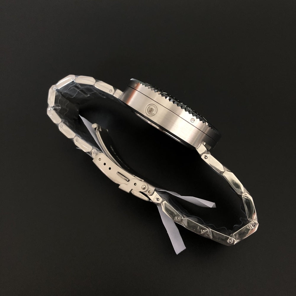 Left side view of the 1000M waterproof ice hockey mechanical watch displaying its 14mm thick case and precision design.