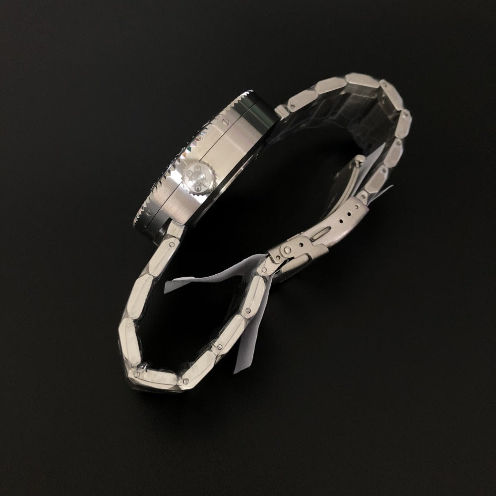 Right side view of the mechanical diving watch, highlighting its robust 14mm case and textured stainless steel strap.