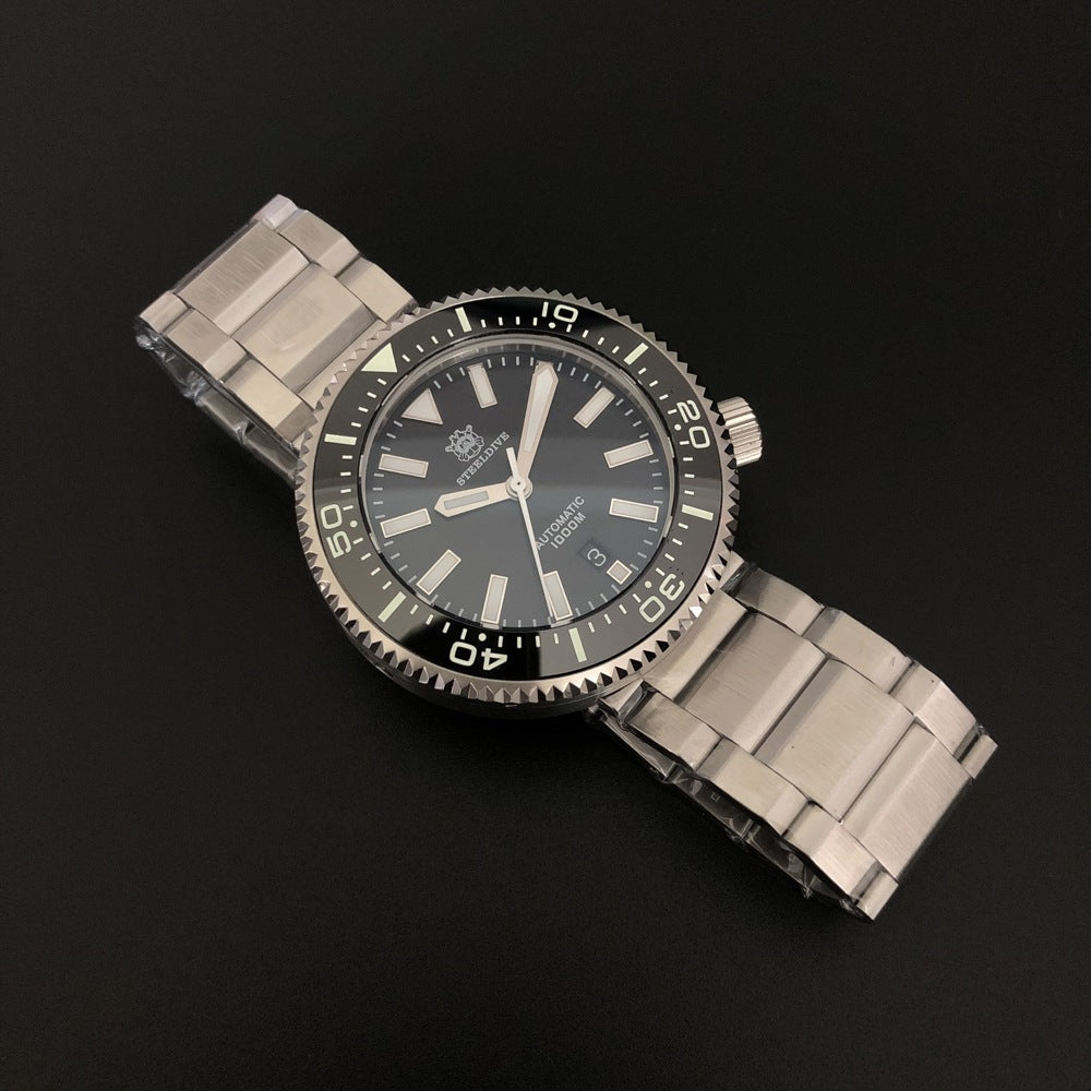 Alternate side and top view of the 1000M waterproof mechanical watch, showing the spiral crown and detailed stainless steel craftsmanship.