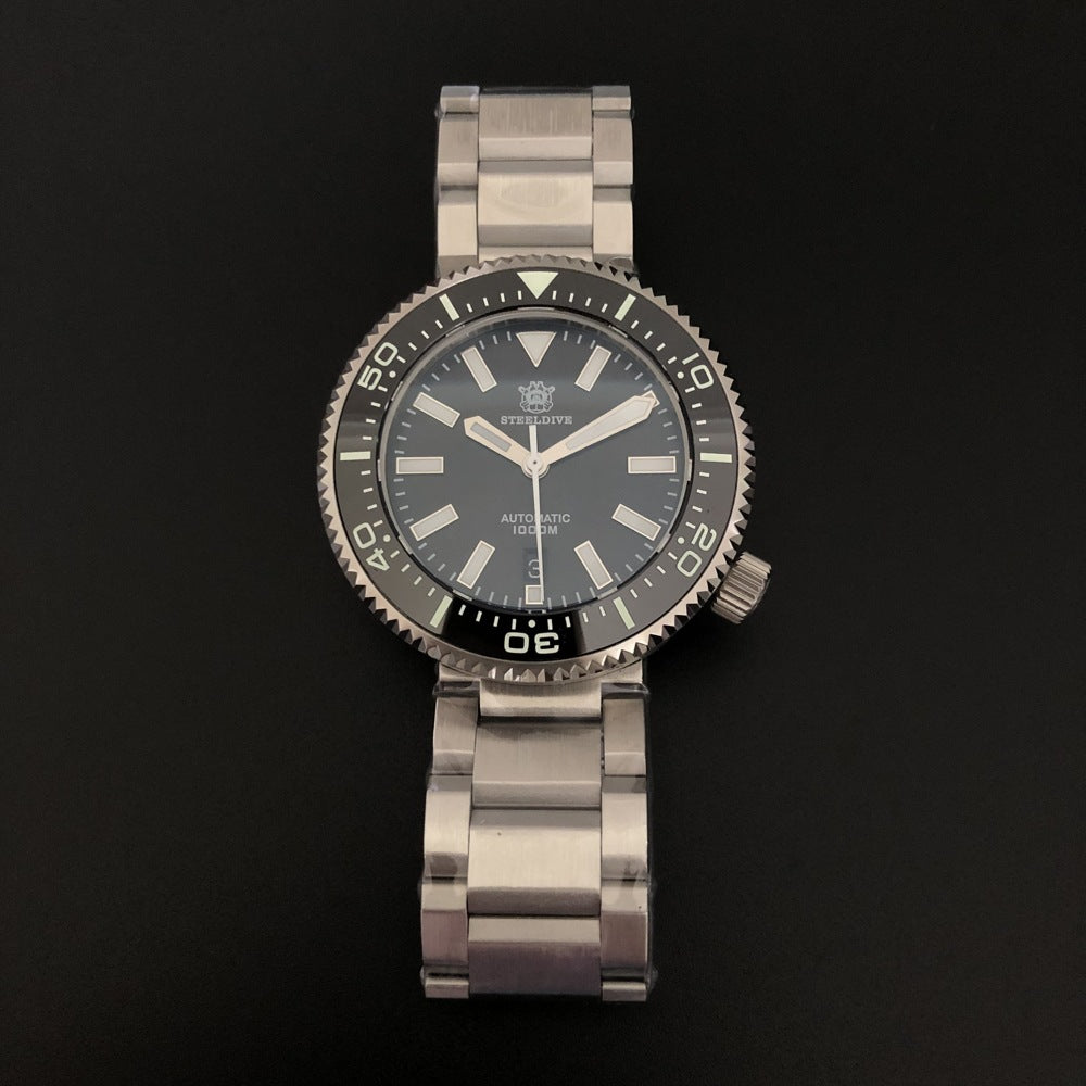 Top view of the deep diving waterproof ice hockey mechanical watch, featuring a blue and green luminous dial for excellent underwater visibility.