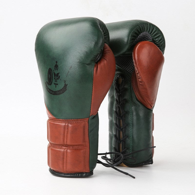 Pair of boxing gloves displayed on a rustic wooden surface