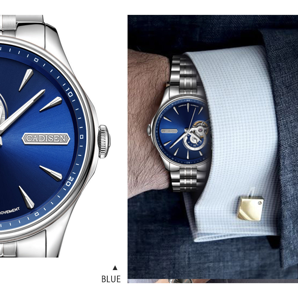 Close-up of the luxury blue watch on a wrist with a cufflink, emphasizing sophistication.