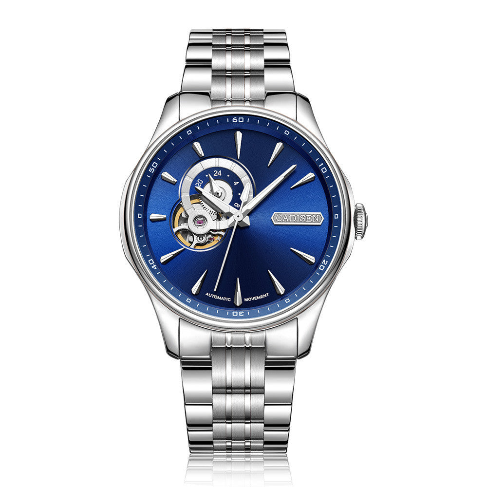 Front view of the luxury stainless steel watch with a blue dial and open-heart design.
