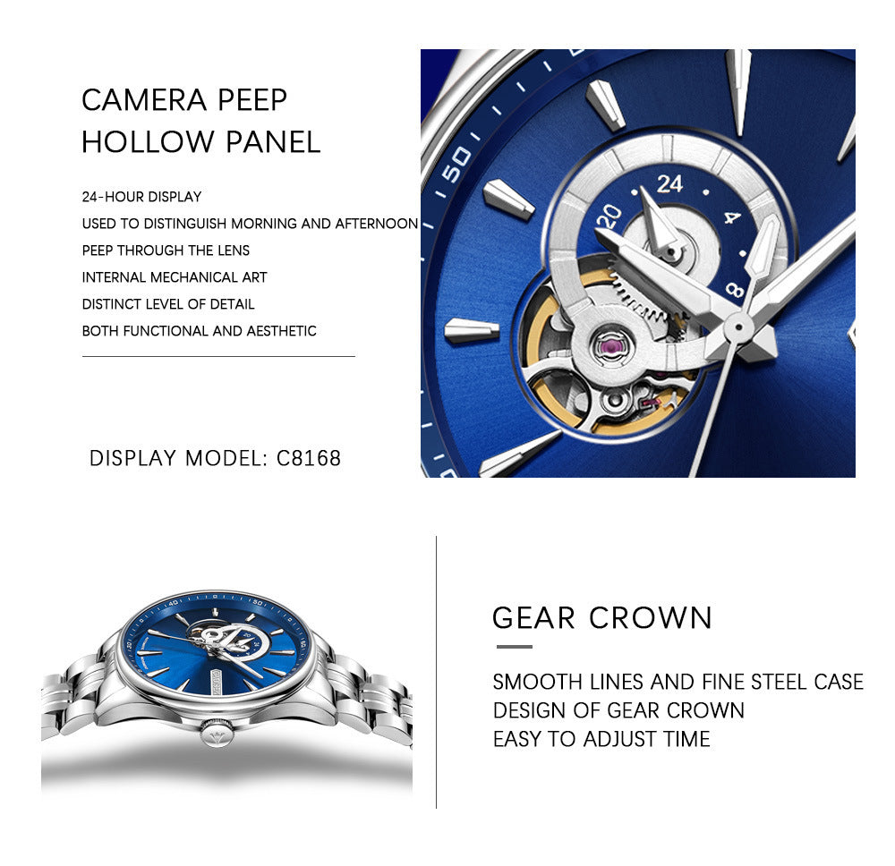 Close-up of the hollow panel design and gear crown detail of the luxury watch.