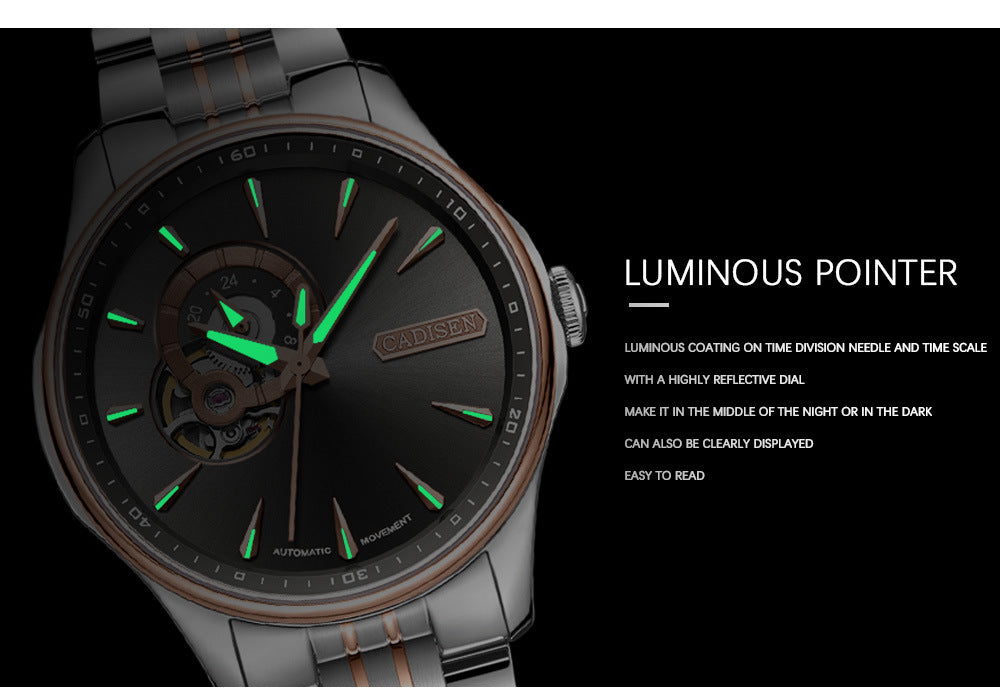 Luxury watch glowing in the dark with luminous pointer, highlighting functionality.