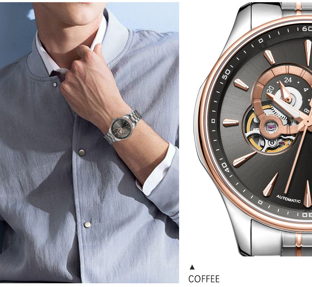Man wearing a stylish outfit with the luxury watch on his wrist, showcasing elegance.