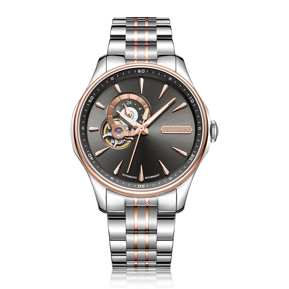 Close-up of the rose gold variant of the luxury watch with a dark dial and unique design.