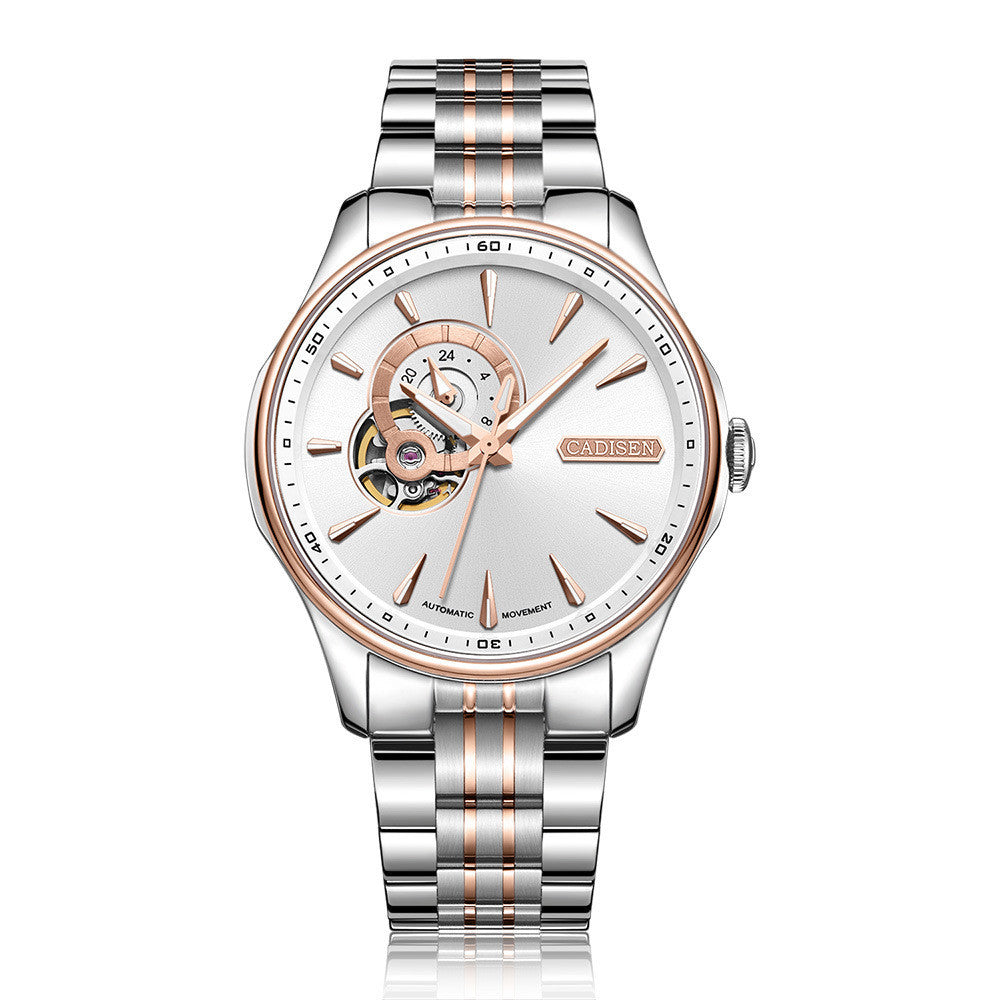 Close-up of the rose gold variant of the luxury watch with a light silver dial.