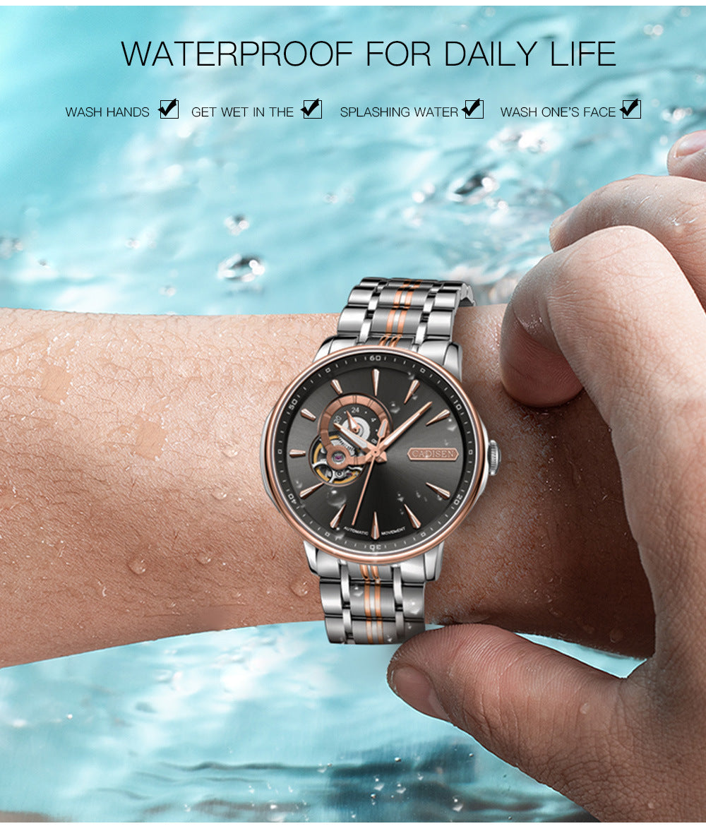 Close-up of the luxury watch with water droplets, emphasizing waterproof functionality.