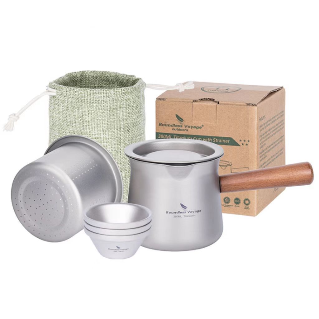 Full view of complete titanium tea cup set with multiple variants