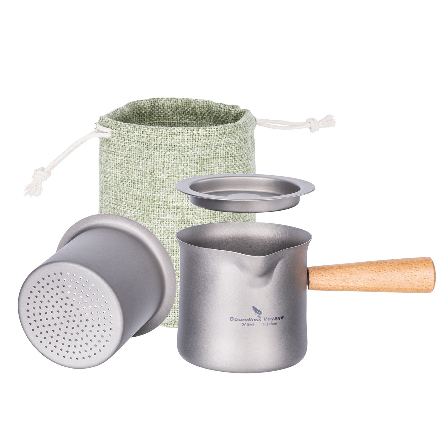 200ml titanium water pot shown with 3 matching teacups