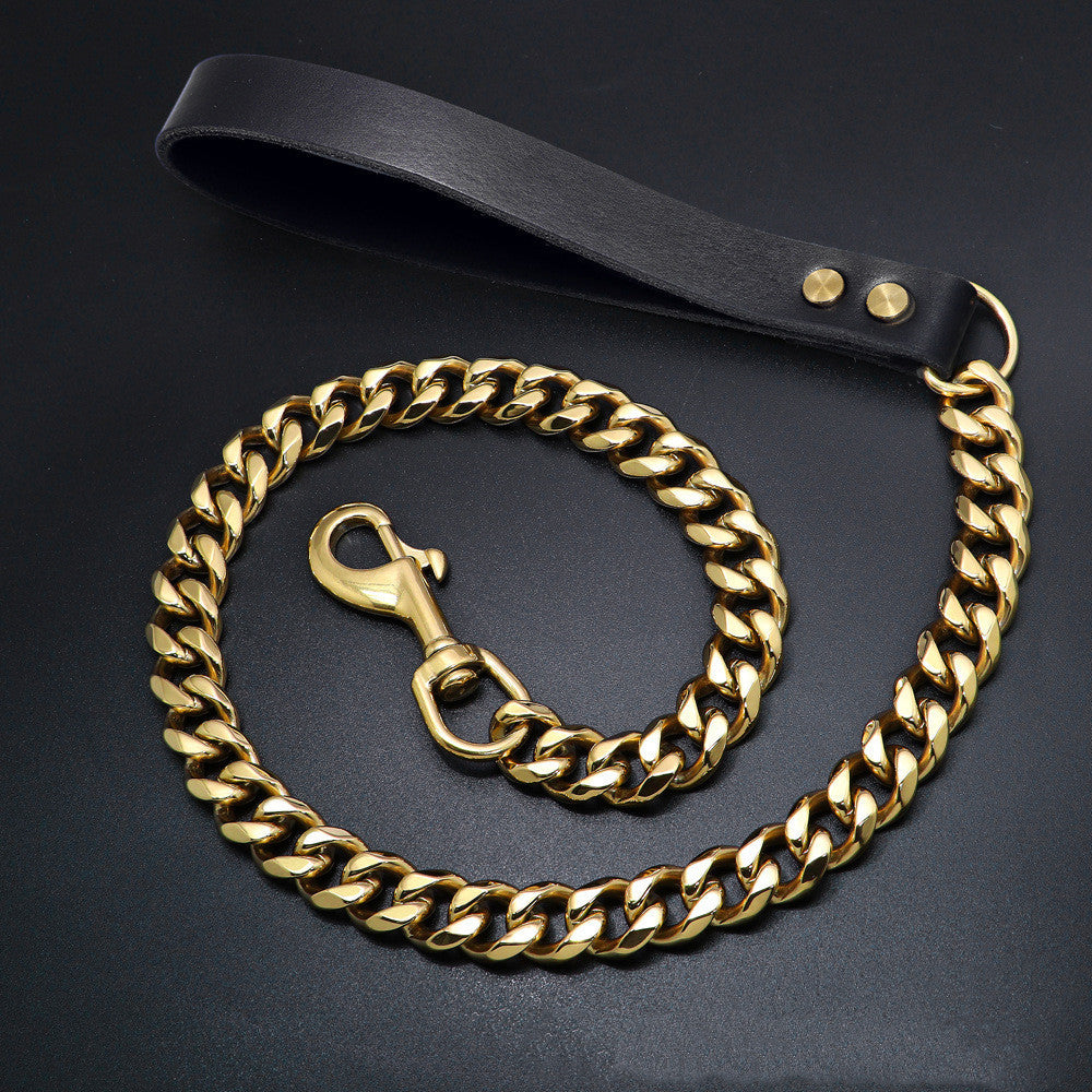 Luxurious Golden Stainless Steel Dog Leash with Leather Grip, 19MM Wide