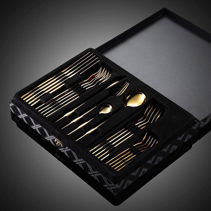Full view of the 24-piece Portuguese titanium-plated tableware set in natural color with a sleek, mirror-polished finish.