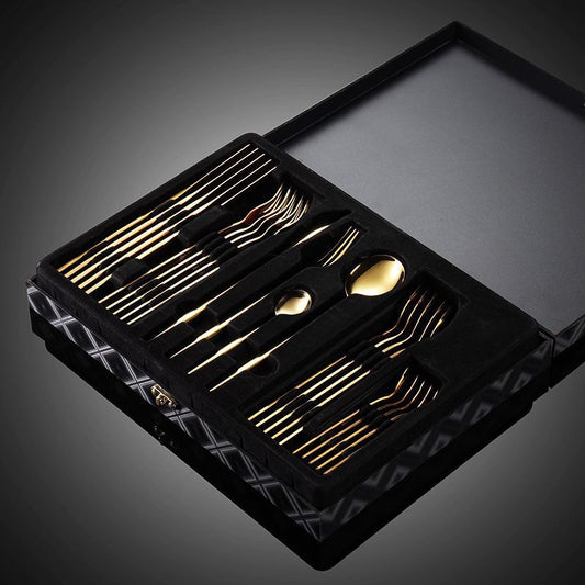 Full view of the 24-piece Portuguese titanium-plated tableware set in natural color with a sleek, mirror-polished finish.