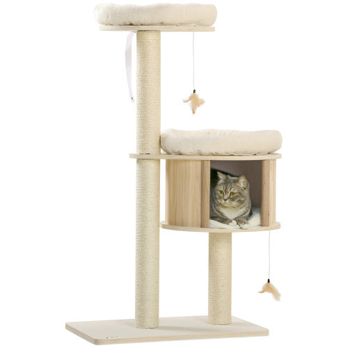 Stylish three-tier cat tree tower in natural wood with plush cushions