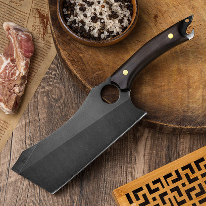 Compact black titanium ring knife with multifunctional blade for tactical use.