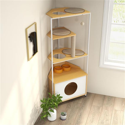 Modern Corner Cat Tower – Space-Saving Multi-Level Cat Condo with Cabinet, Scratching Post & Safety Features
