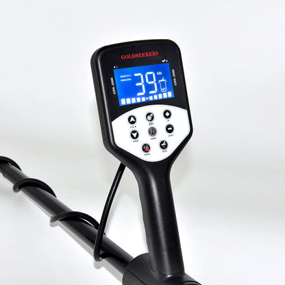 Professional treasure detector with 5" x 10" DD coil and ergonomic design.