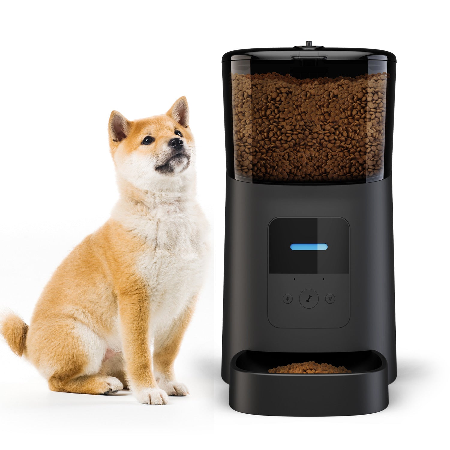 Automatic pet feeder fully assembled with sleek, compact design and durable plastic material.