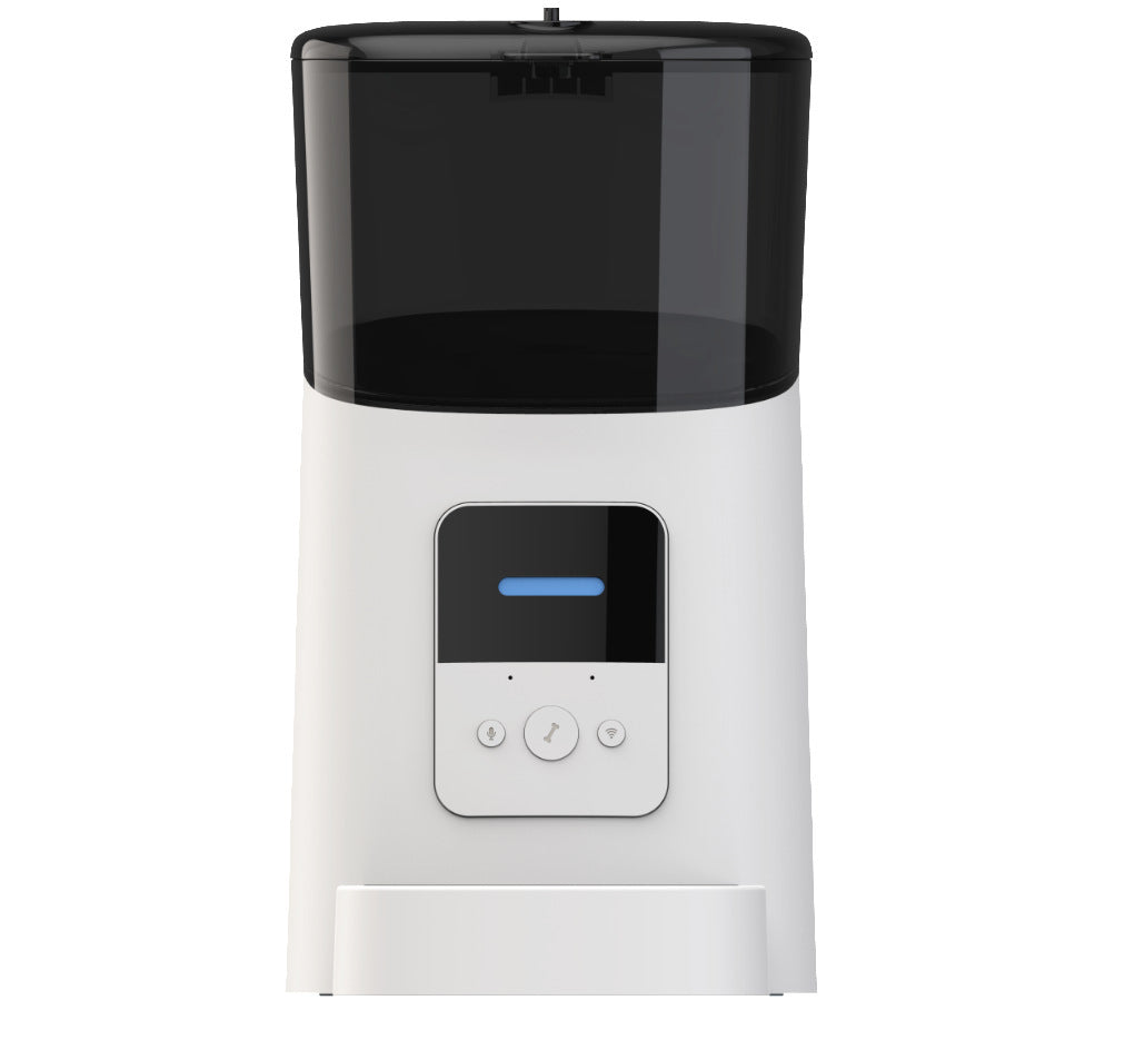 Automatic pet feeder dispensing food for a happy pet, ideal for cats and dogs.
