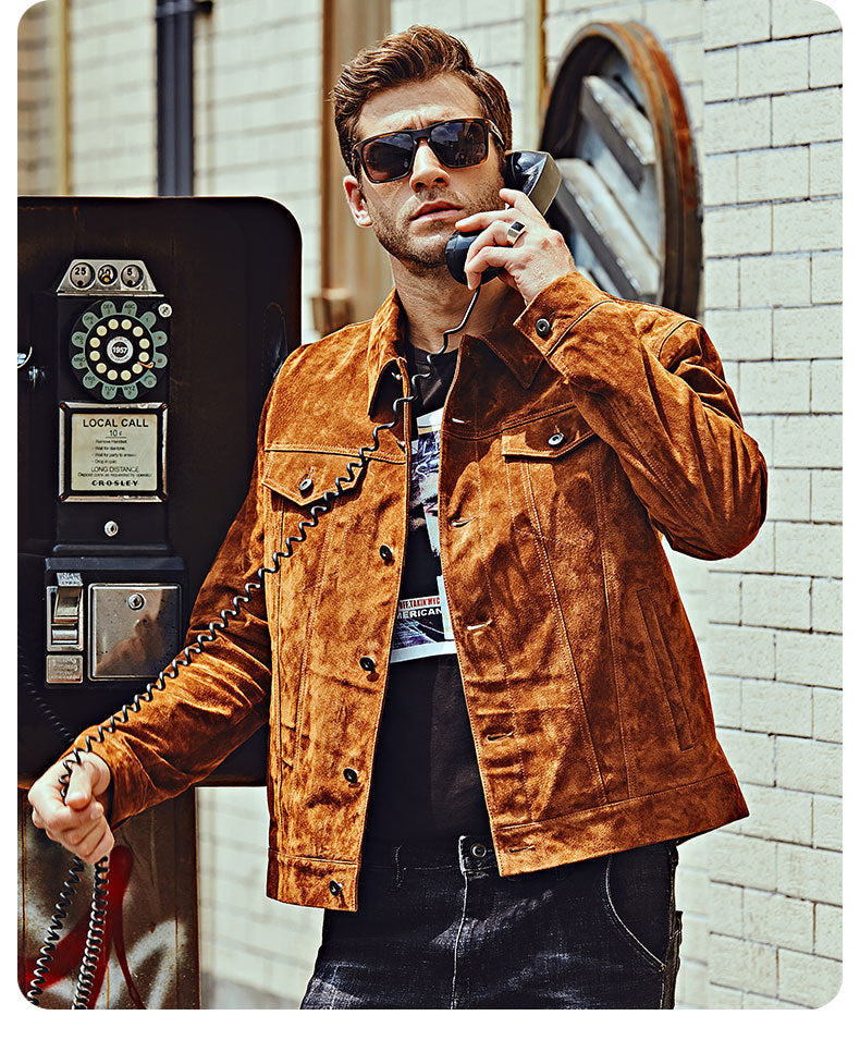 Rear view of classic brown pigskin biker jacket for men