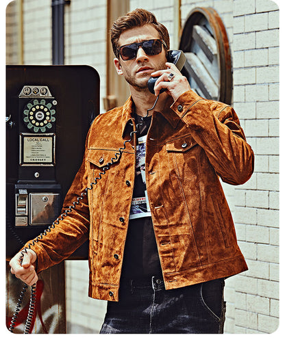 Rear view of classic brown pigskin biker jacket for men