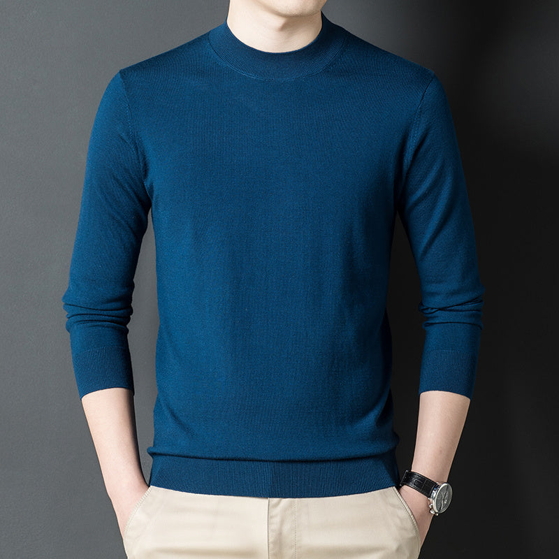 Rear view of men’s dark blue solid color cashmere knit sweater