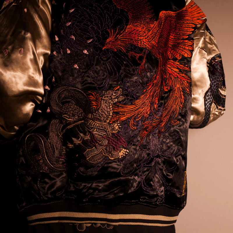 Back side of reversible embroidered bomber jacket for men