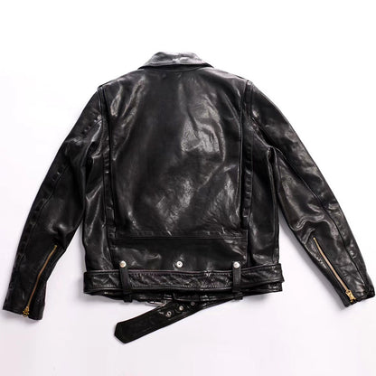 Rear view of plain black men’s motorcycle jacket in horse leather