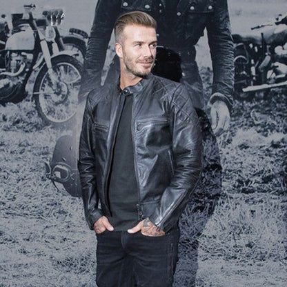 Back view highlighting the distressed leather texture and tailored fit of the jacket.