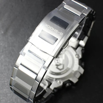 Backside of the G-SHOCK MTG-B3000D-1AJF featuring stainless steel components.