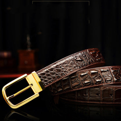 Front view of a men's black crocodile texture leather belt with a rectangular pin buckle.