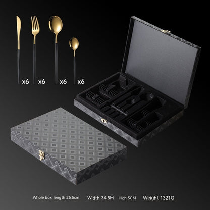 Compact folding paper box packaging for the black gold titanium-plated 24-piece tableware set.