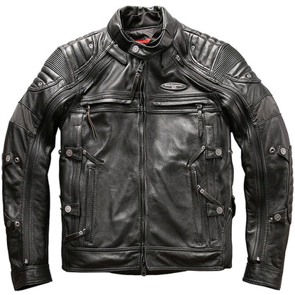 Back view of a black slim-fit leather jacket, showcasing high-quality cowhide material.