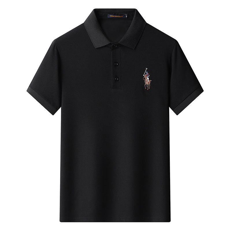 Full front image of black short sleeve cotton polo T-shirt