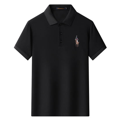 Full front image of black short sleeve cotton polo T-shirt