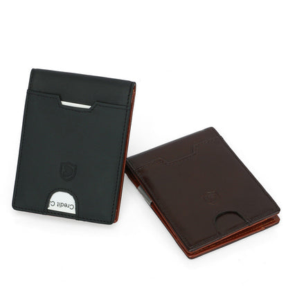 Men's black RFID leather wallet with premium stitching and minimalist design.