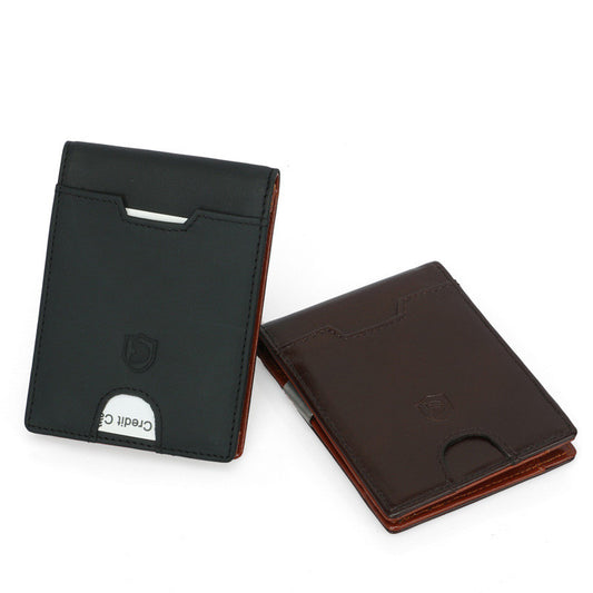 Men's black RFID leather wallet with premium stitching and minimalist design.
