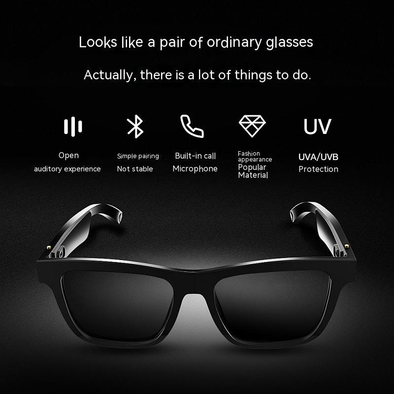 Minimalist flat lay of smart sunglasses with headset feature